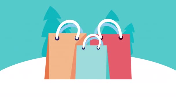 Feliz Navidad venta animación con bolsa de compras en la nieve — Vídeos de Stock