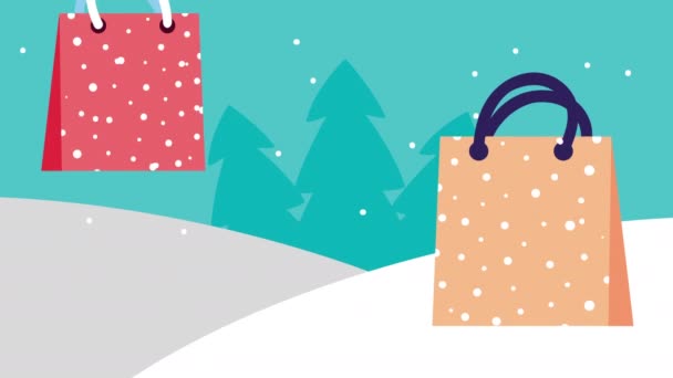 행복 한 메리 크리스마스의 애니메이션 판매 눈 풍경의 쇼핑백과 함께 — 비디오