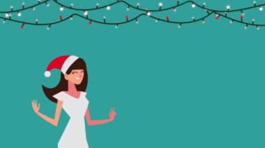 Mutlu noel animasyonları. Noel Baba şapkası takan bir kadın konuşuyor.