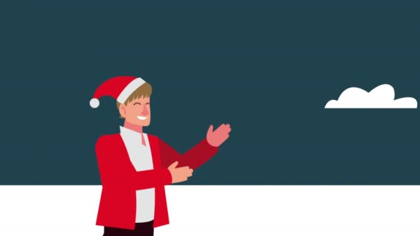 Happy merry christmas animation with man wearing santa hat in snow scene — Stock Video