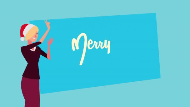 Gelukkig vrolijk kerstmis belettering animatie met vrouw en geschenk — Stockvideo