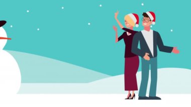Mutlu noel animasyonları Dans eden çiftler ve kar manzaralı kardan adam