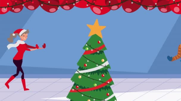 Selamat hari Natal animasi dengan pasangan dan pohon pinus — Stok Video