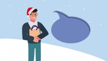 Mutlu noel animasyonları Erkeklerin hediye ve konuşma baloncuklarıyla