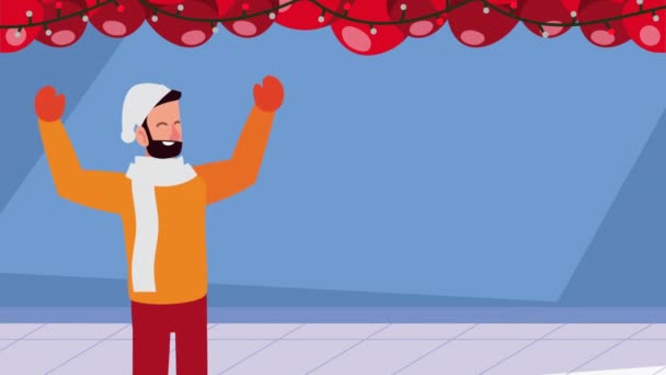 Joyeuse animation de Noël avec des gens et des lumières suspendues — Video