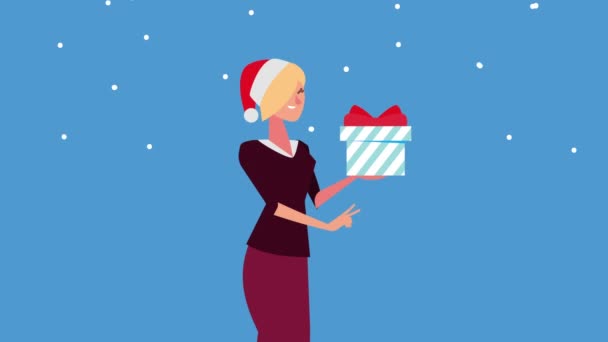 Glad god jul animation med blond kvinna lyfta gåva — Stockvideo