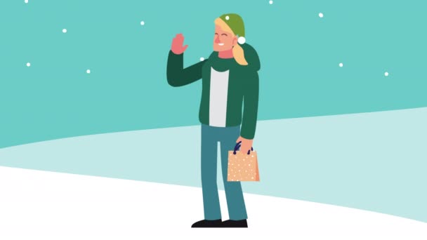 Feliz feliz animación navideña con el hombre en el paisaje de nieve — Vídeos de Stock