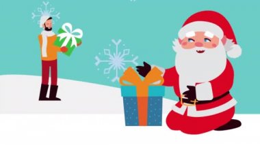 Mutlu noel animasyonları. Kar manzarasında Noel Baba olan bir adamla.