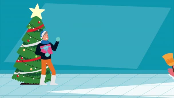 Happy merry Christmas animation with man and santa claus in tree — Stok Video