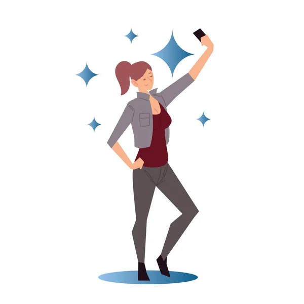 Mladá žena pomocí smartphone přičemž selfie — Stockový vektor