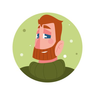 Çizgi film düz stil yuvarlak ikon içinde sakallı erkek karakter avatarı