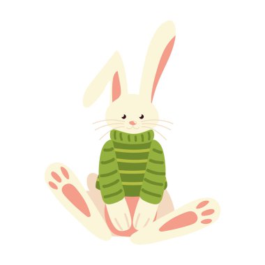 Yeşil süveterli şirin tavşan izole edilmiş tasarımı kutluyor.