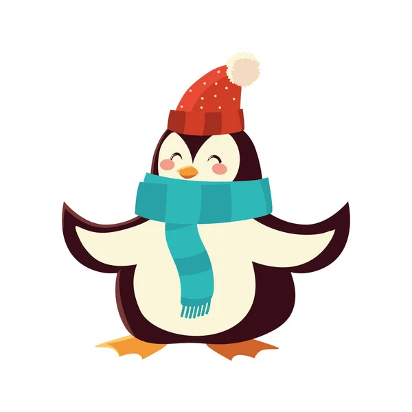 Ładny pingwin z szalikiem i kapelusz postać kreskówka Boże Narodzenie na białym tle — Wektor stockowy