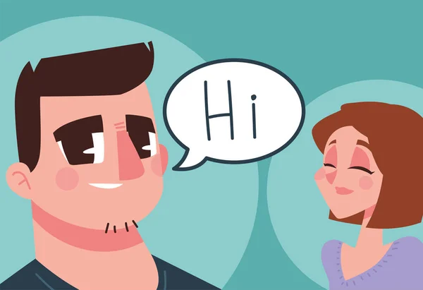 Jonge man en vrouw praten karakter avatar in cartoon — Stockvector