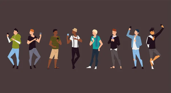 Grupo de hombres jóvenes personajes utilizando el teléfono inteligente — Vector de stock