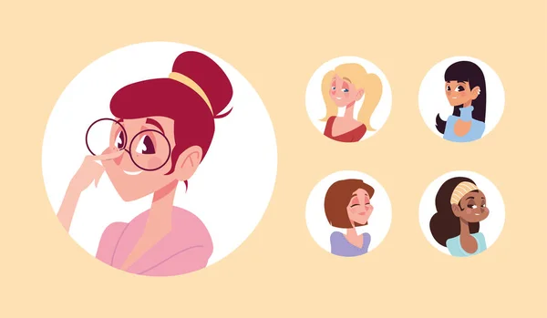 Kvinnor tecken avatar i tecknad runda ikon samling — Stock vektor