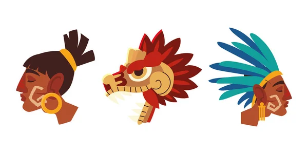 Aztécký bojovník čelí tradiční peří hlavy a hadí ikony — Stockový vektor