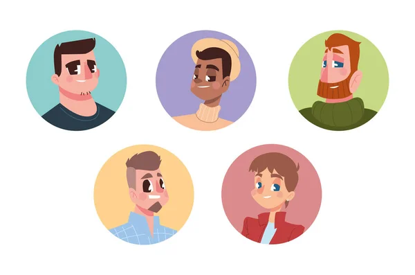 Hombres diferentes personajes de estilo avatar en la historieta icono redondo — Vector de stock