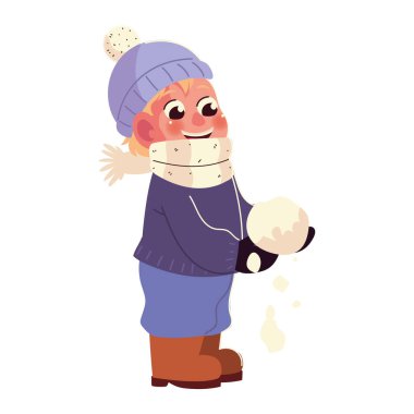 Kış kıyafetleri ve kartopu içindeki küçük komik çocuk.