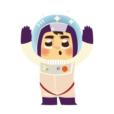 Şirin astronot kostümü ve miğfer çizgi film için el kaldırıyor.