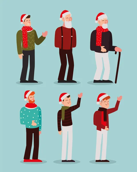 Feliz Navidad hombres carácter temporada celebración iconos — Archivo Imágenes Vectoriales