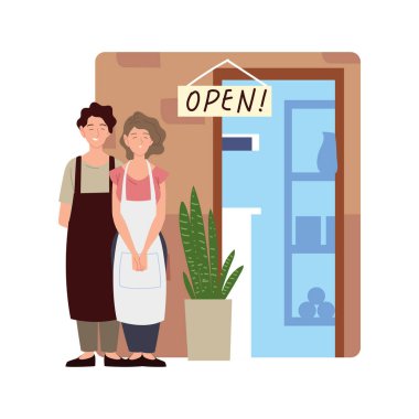 Birkaç satıcı açık kapı dükkanında.