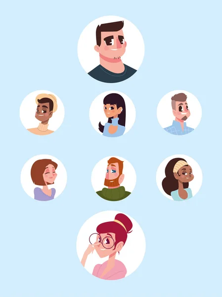 Establecer iconos de hombres y mujeres personajes avatar en dibujos animados — Vector de stock