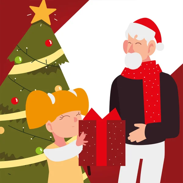 メリー・クリスマスカードおじいちゃん孫と木と贈り物 — ストックベクタ