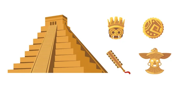 Aztec pyramide arme pièce masque ornement icônes — Image vectorielle