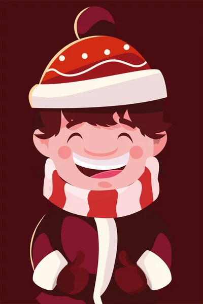 Wesołych Świąt mały chłopiec z kapeluszem i szalikiem charakter — Wektor stockowy