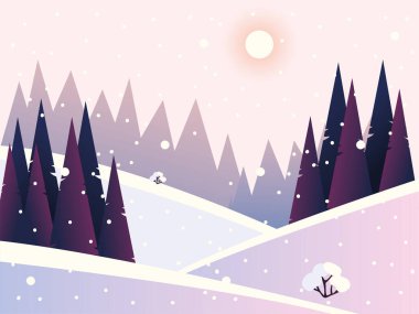 Kış manzarası kar yağışı çam ormanı ve tepeler