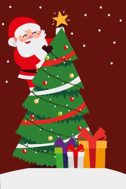 Mutlu noeller Noel Baba ağaçta ve hediyeler kutlama süslemeleri