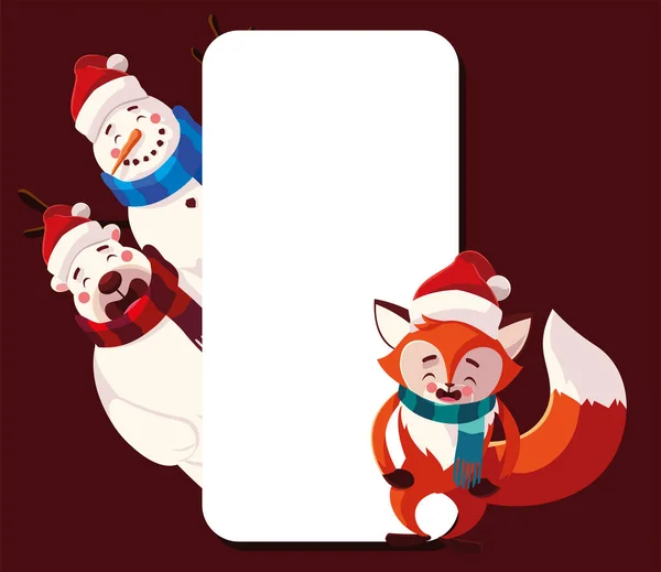 Frohe Weihnachten Schneemann Eisbär und Fuchs mit Schal leeres Banner — Stockvektor