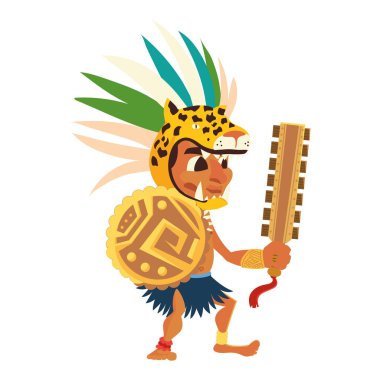 Aztek savaşçısı geleneksel silah kabilesi ve başlık takıyor.