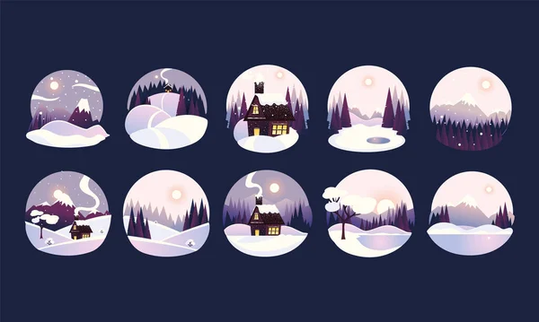 Paesaggio invernale cerchio cornici con abeti e neve, foresta e campagna cottage — Vettoriale Stock