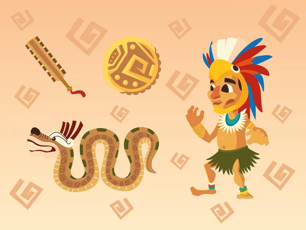 Aztécký bojovník v tradiční peří hlavy hadí mince a zbraň sada ikon — Stockový vektor