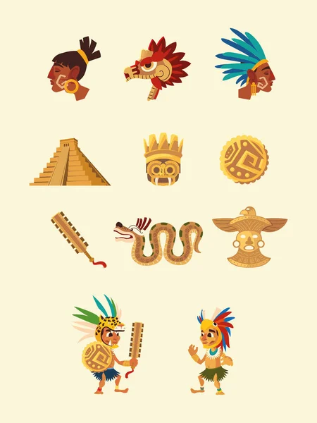 Personagens aztecas pessoas serpente pirâmide arma ícones da cultura nativa — Vetor de Stock