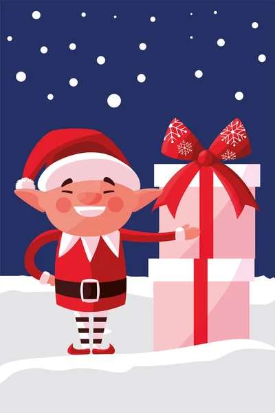 Frohe Weihnachten Elfe mit Geschenkschachteln im Schnee — Stockvektor