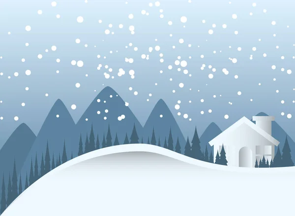 겨울의 눈 이 집 소나무와 눈덮인 배경을 덮고 있다 — 스톡 벡터