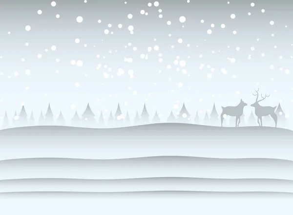 Inverno paisagem renas em silhueta pinheiros e neve fundo — Vetor de Stock