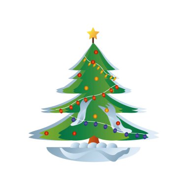merry christmas, tree with star and decorative lights on white background