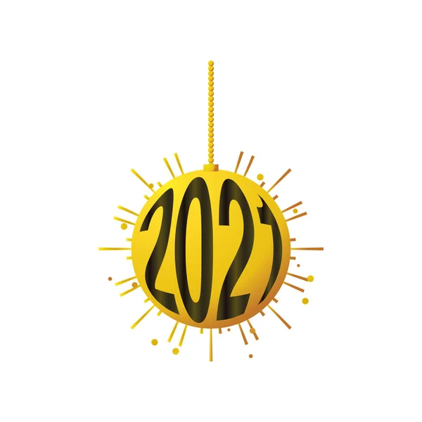 2021年新年快乐，金色挂球，白色背景的数字 — 图库矢量图片