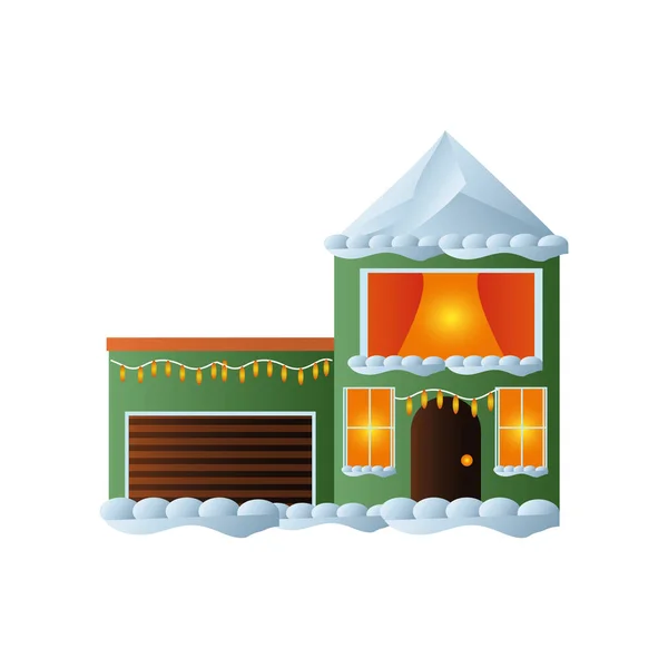 Merry christmas, house and garage with lights decoration and snow on white background —  Vetores de Stock
