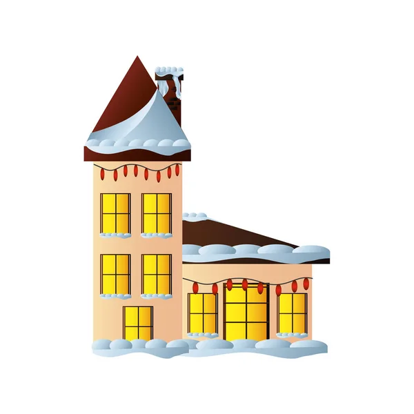 Merry christmas, classic building with lights and snow on white background — Vector de stock