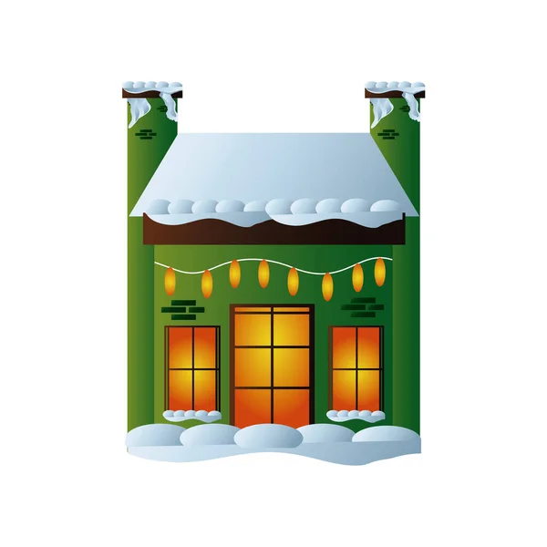 Merry christmas, green house with chimneys lights and snow on white background —  Vetores de Stock