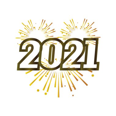 Yeni yılınız kutlu olsun. Beyaz zemin üzerinde havai fişekler olan 2021 altın sayı.