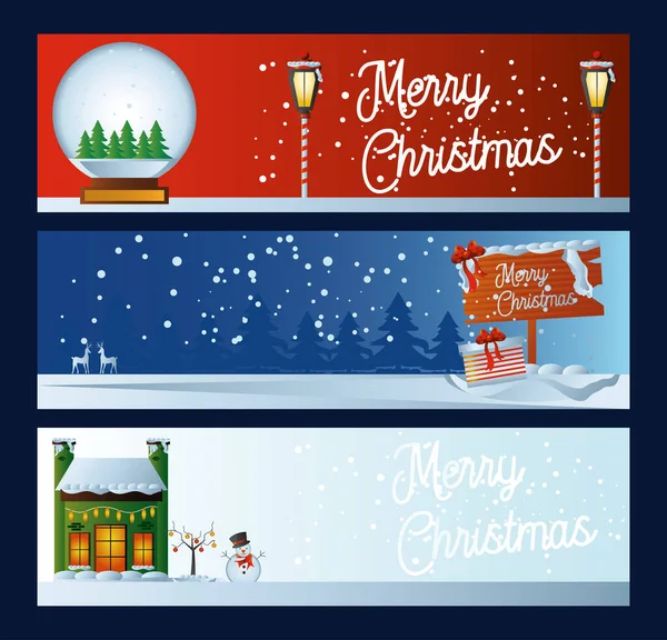 Buon Natale banner con lettering palla di neve e inverno casa — Vettoriale Stock