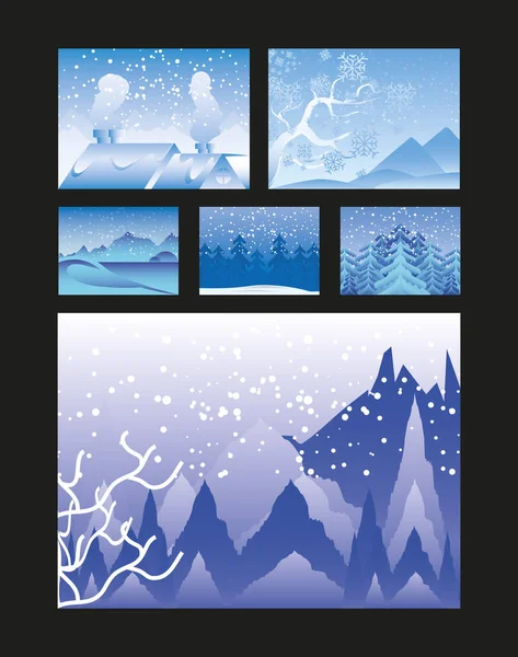 Paesaggio invernale varie scene con casa montagne pini su sfondo nero — Vettoriale Stock