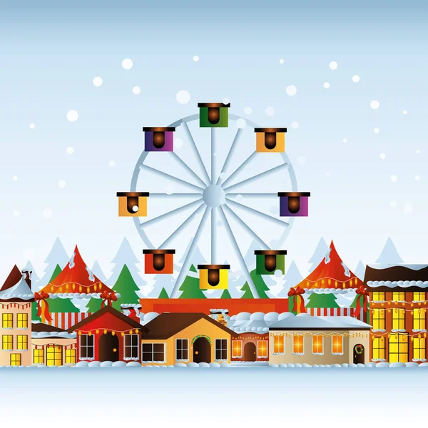 Vrolijk kerstfeest huizen wiel ferris met decoratieve verlichting en sneeuw — Stockvector