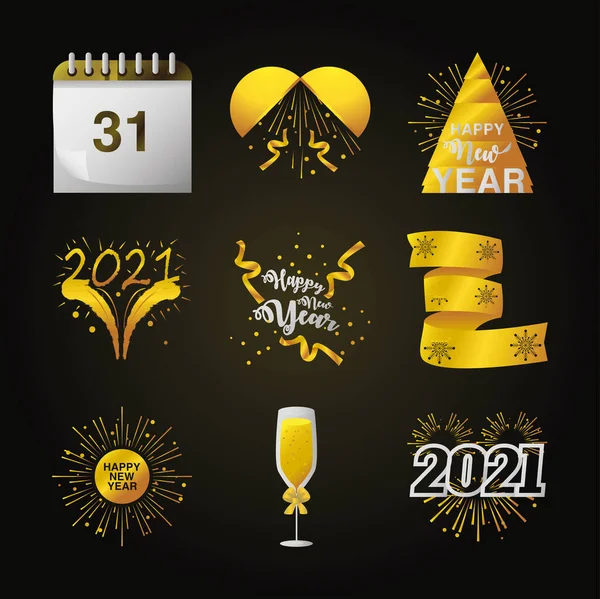 С Новым годом 2021 иконки установить календарь шампанского ленты черный фон — стоковый вектор